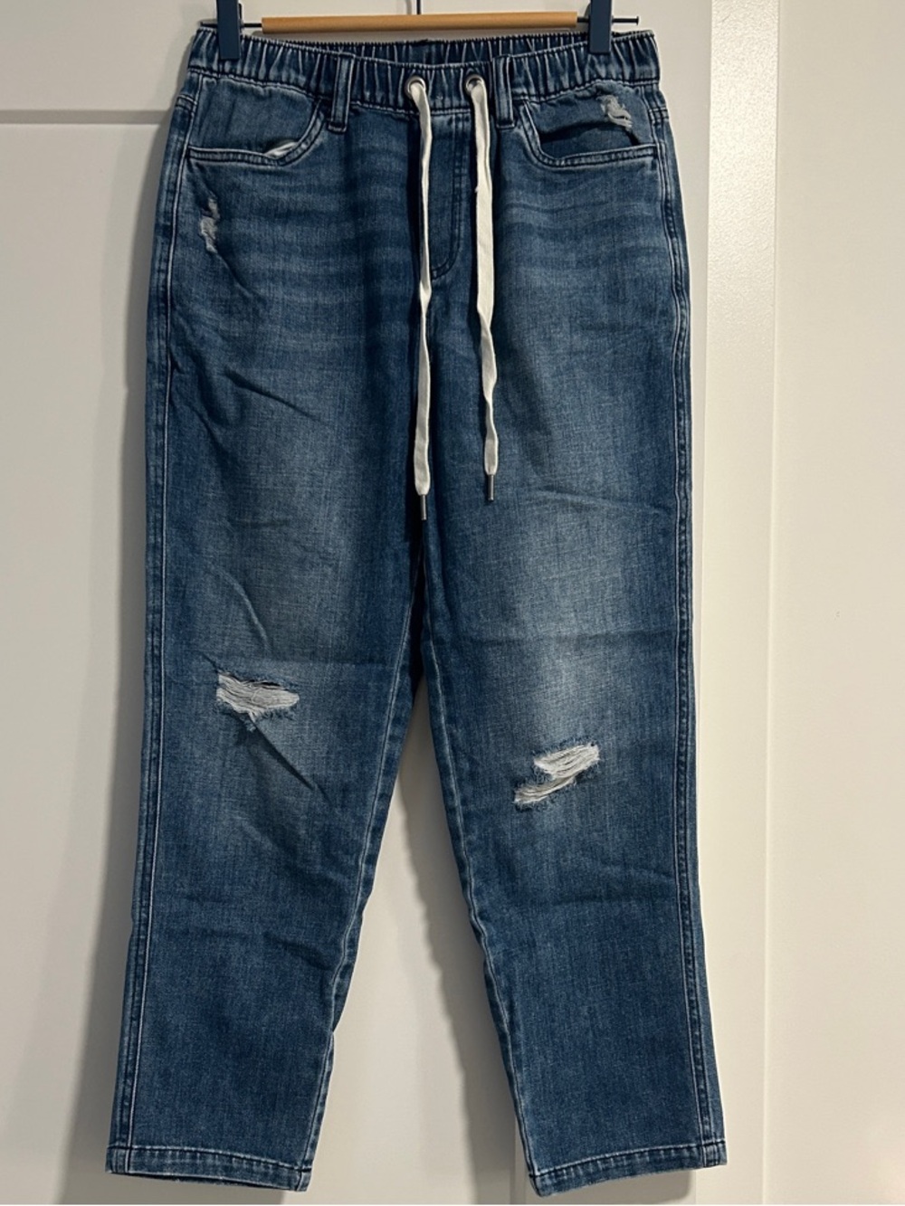 aerie Distressed Blue Cropped Drawstring Jeans
